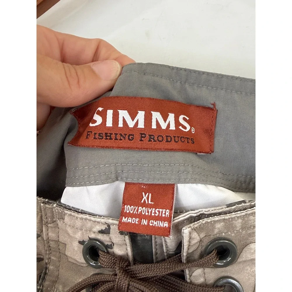 Simms Hex Camo Fishing Cargo Shorts Zip Pocket Wading Outdoor Brown Gray XL